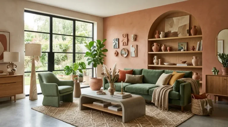 Terracotta living room ideas with sage green sofa