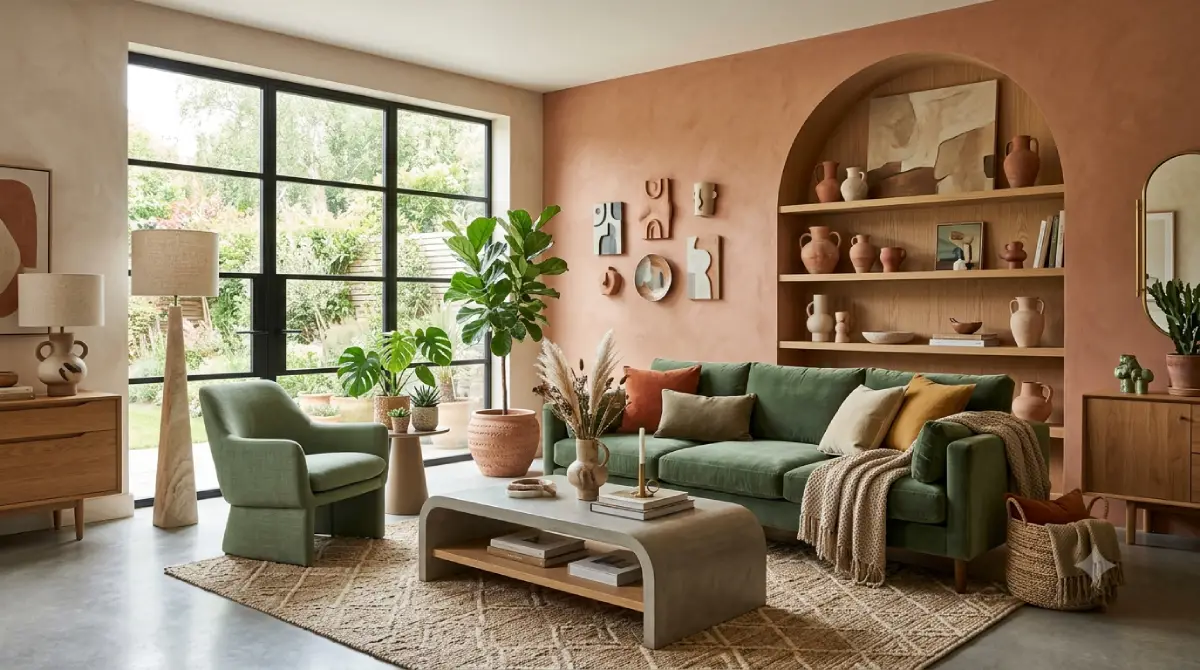 Terracotta living room ideas with sage green sofa