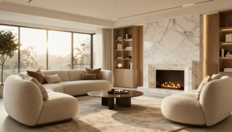 Warm neutral luxury interiors with elegant living room design