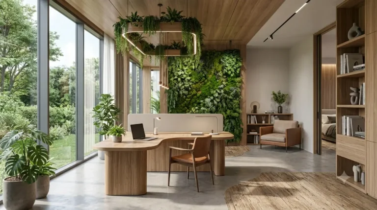 Biophilic office design ideas with indoor plants and natural light