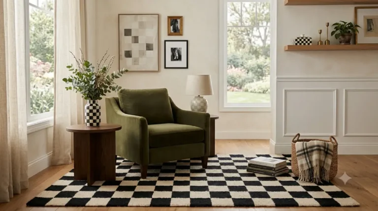 Modern living room featuring checkerboard home decor ideas with patterned rug