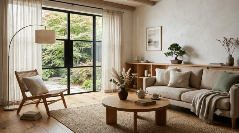 Cozy Japandi living room ideas with beige sofa and wooden furniture