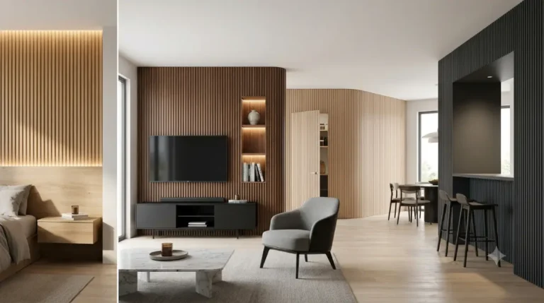 Modern living room featuring fluted wood wall ideas and minimalist decor