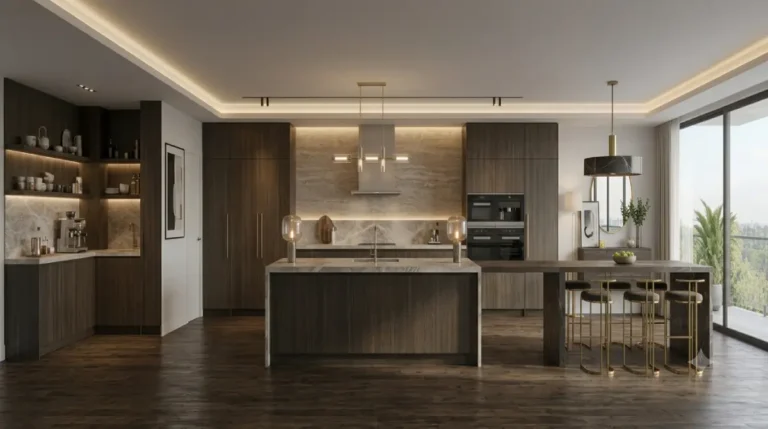 Modern kitchen interior with minimalist white cabinets