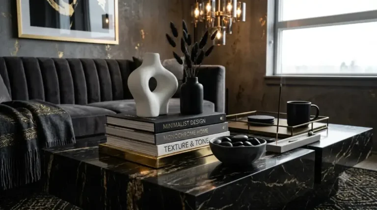 Monochromatic coffee table decor with neutral books and ceramic vase