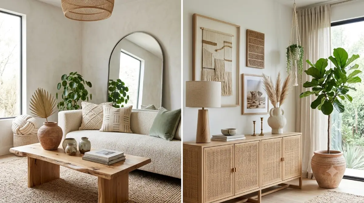 Organic modern boho living room with neutral color palette