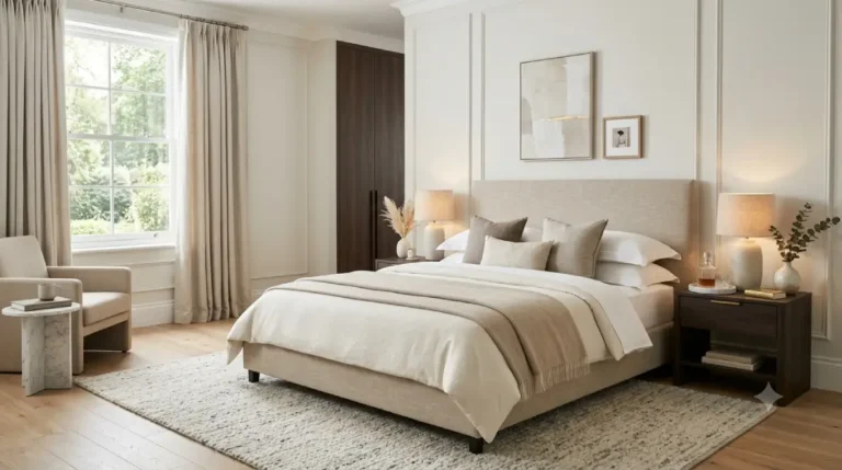 Quiet luxury bedroom ideas featuring neutral tones and linen bedding