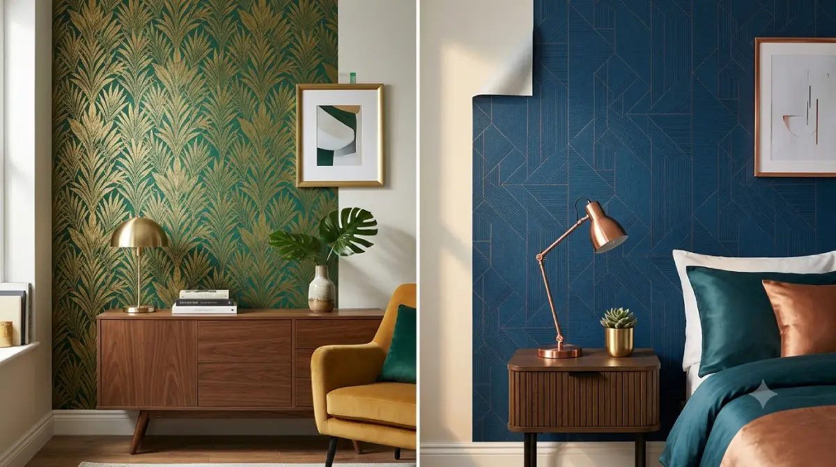 Renter friendly wallpaper in a modern living room