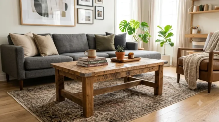 Rustic coffee table plans DIY with reclaimed wood.