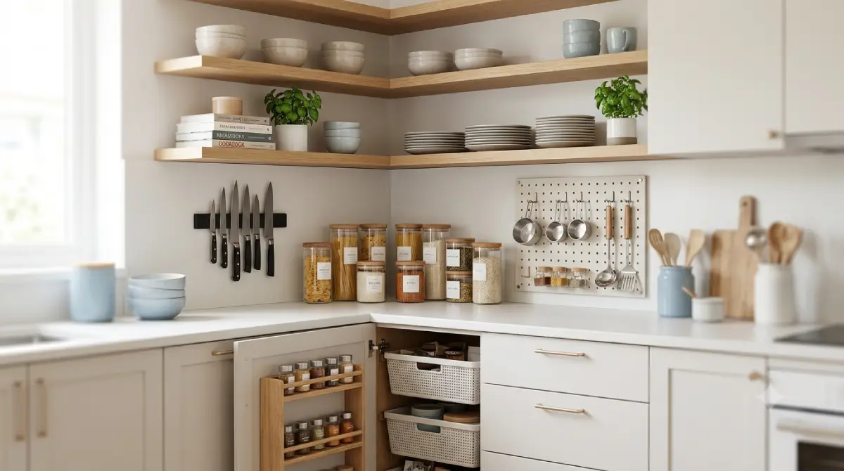 Small kitchen storage ideas featuring open shelving, baskets, and cabinet organizers