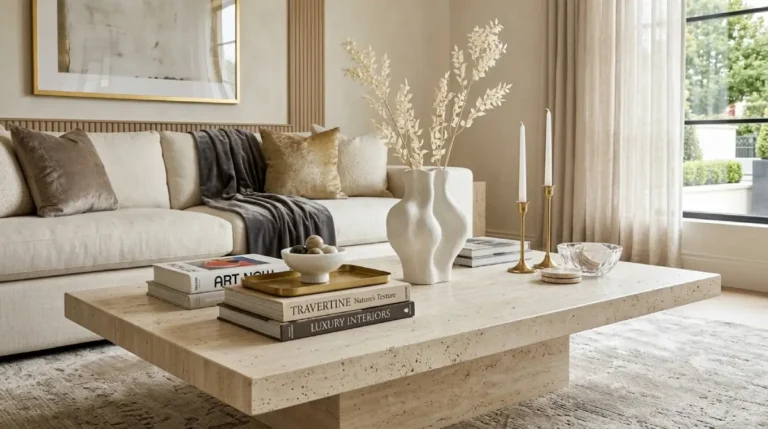 Travertine coffee table styling with books and ceramic vase