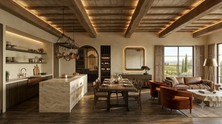 Tuscan interior design ideas featuring rustic wooden beams