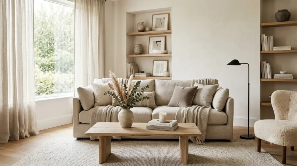 Warm neutral home decor ideas featuring cozy textures, soft beige tones, and inviting living room design