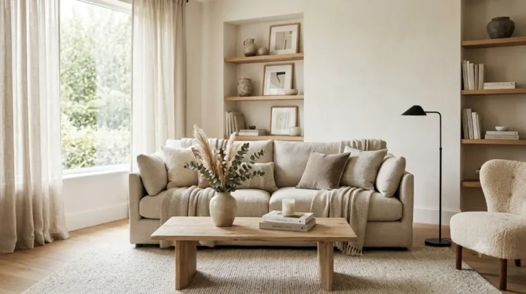 Warm neutral home decor ideas featuring cozy textures, soft beige tones, and inviting living room design