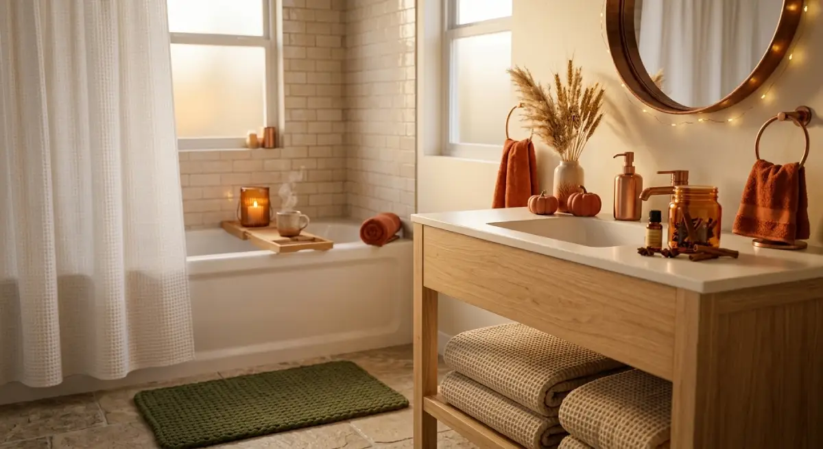 Cozy bathroom decor ideas for autumn featuring warm towels, wooden accessories, and ambient candle light.