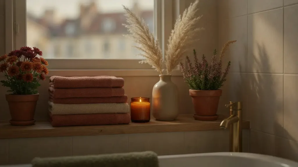 Cozy bathroom decor ideas for autumn featuring warm waffle towels, amber candles, and soft ambient lighting.