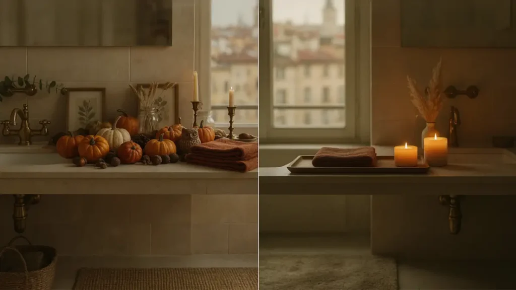 Cozy bathroom decor ideas for autumn displaying balanced minimalist vanity styling with warm textiles.