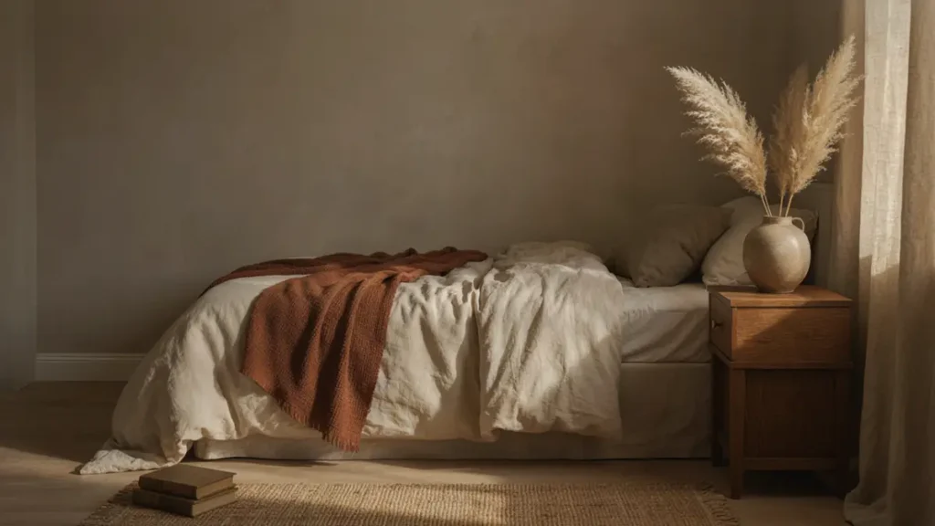 Cozy aesthetic fall bedroom featuring a warm color palette with rust throw, cream bedding, and walnut accents.