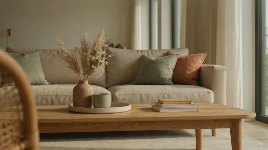 Terracotta and sage green living room buying guide styling featuring neutral sofa with earthy accent cushion.
