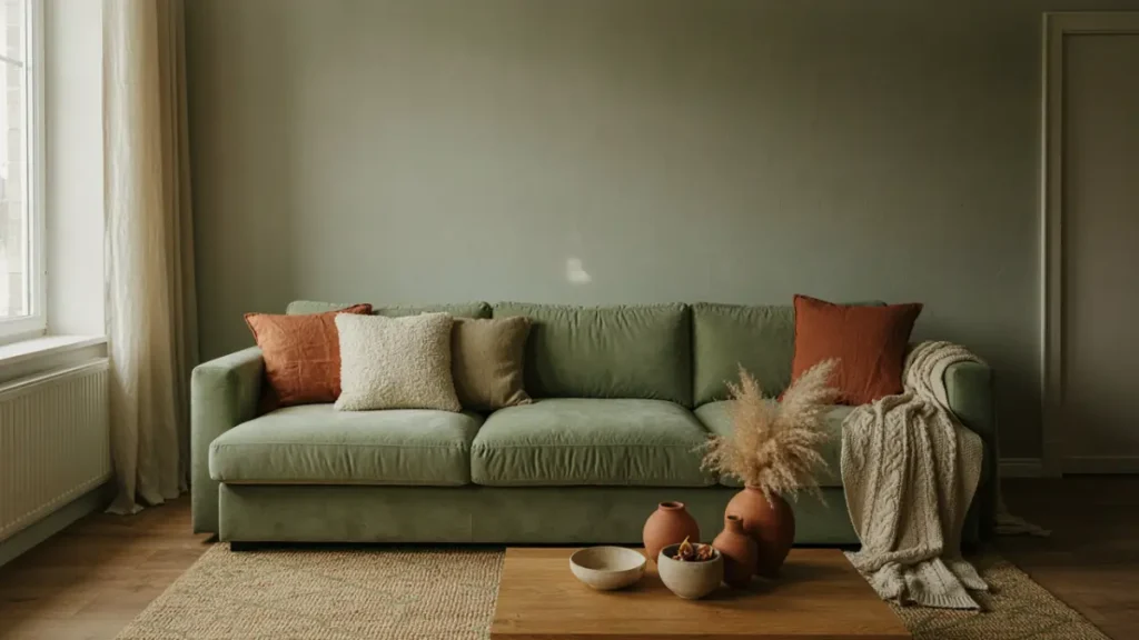 Terracotta and sage green living room comparing sage green primary walls with terracotta accent walls.