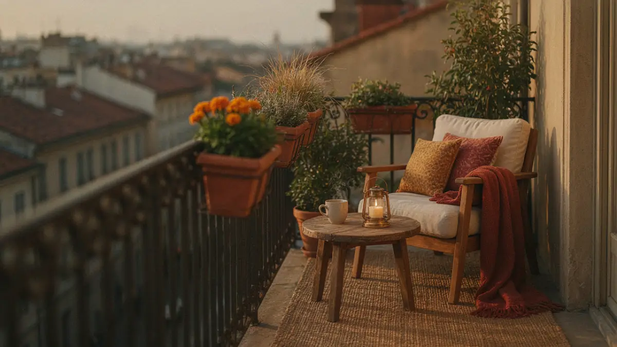 Small balcony fall decor ideas featuring warm textiles, terracotta cushions, and autumn plants.