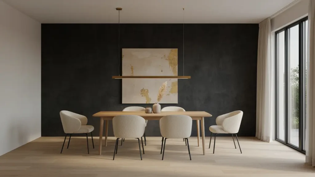 Black accent wall dining room featuring a natural oak dining table and warm brass pendant lighting.