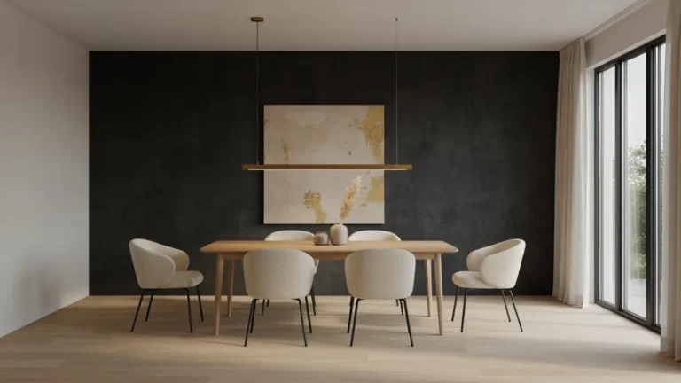 Black accent wall dining room featuring a natural oak dining table and warm brass pendant lighting.