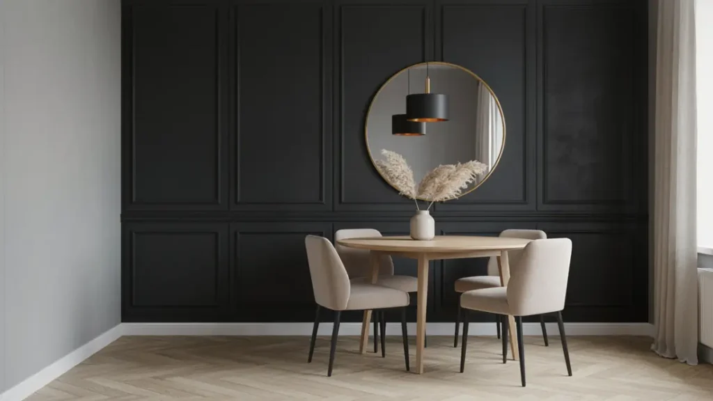 Black paint accent wall dining room in a small space with round oak table, brass mirror, and DIY wall molding.