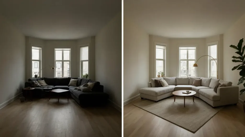 Corner sofa living room layout ideas demonstrating floating sofa arrangement vs cramped placement mistakes.