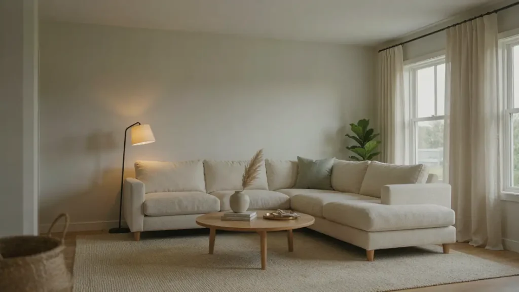 Corner sofa living room layout ideas showing smart placement for round coffee table, rug, and ambient lighting.
