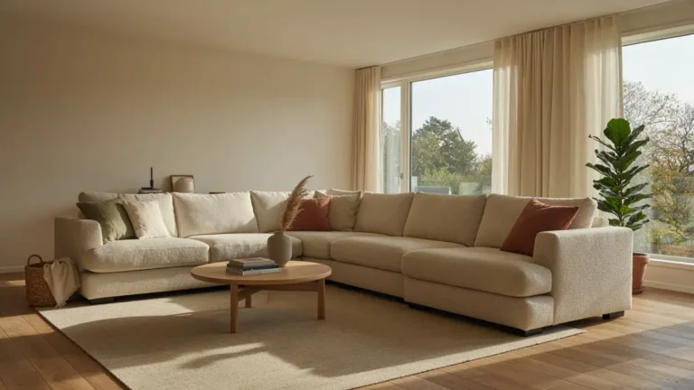 Corner sofa living room layout ideas featuring a grey sectional couch in a bright modern space.