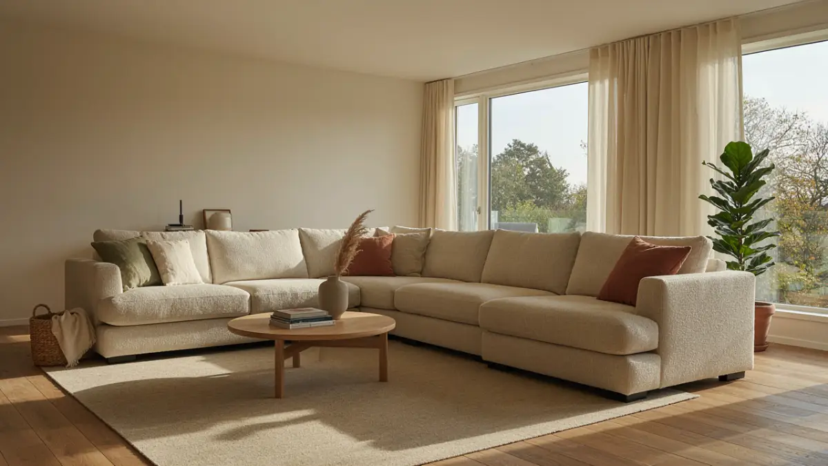 Corner sofa living room layout ideas featuring a grey sectional couch in a bright modern space.