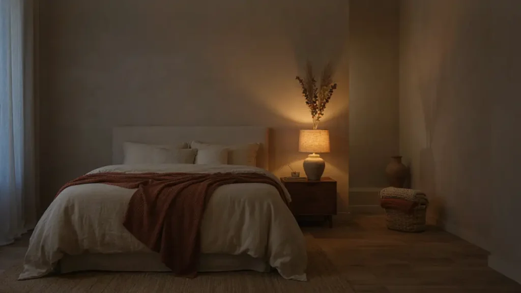 Cozy aesthetic fall bedroom styling featuring warm ambient table lamp lighting, walnut nightstand, and natural botanicals.