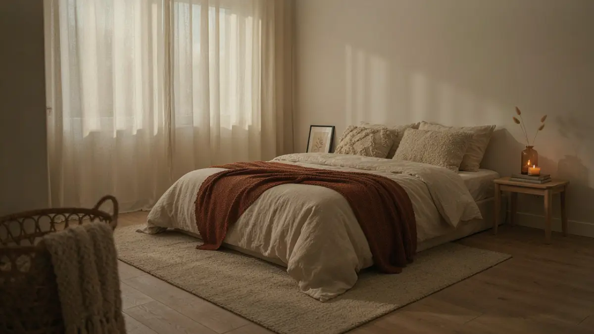 Cozy aesthetic fall bedroom featuring warm ambient lighting, layered chunky knit blankets, and earthy autumn decor