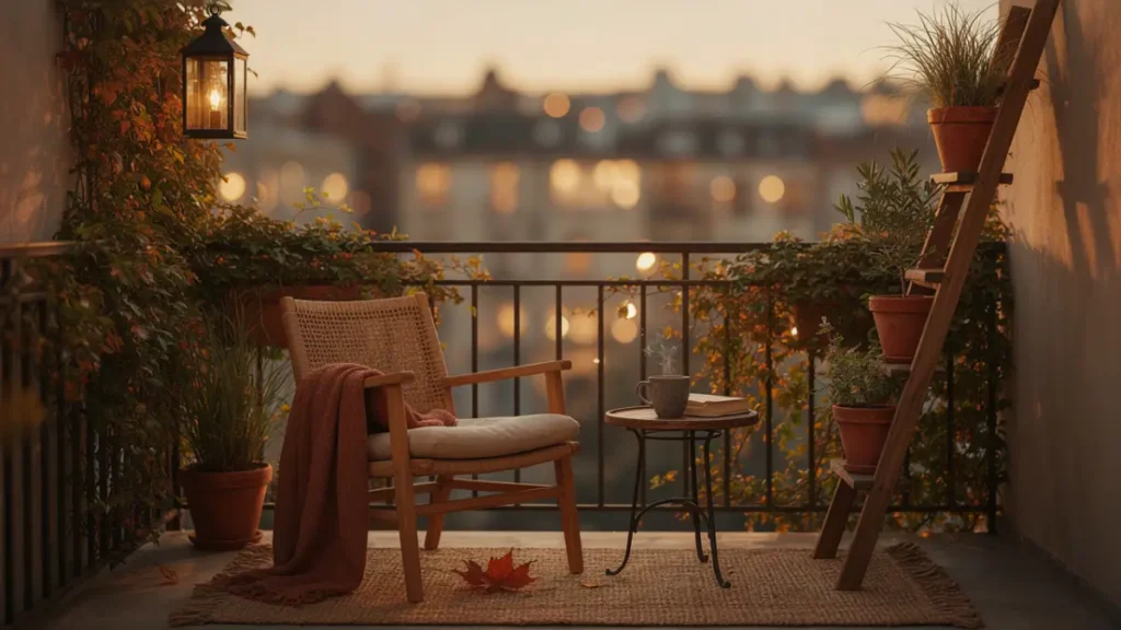 Cozy small balcony decorated for autumn with terracotta cushions, warm textiles, and potted plants.