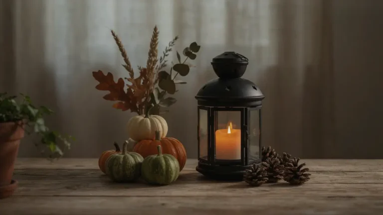 fall lantern decor ideas with a warm glowing lantern, pumpkins, and autumn foliage.