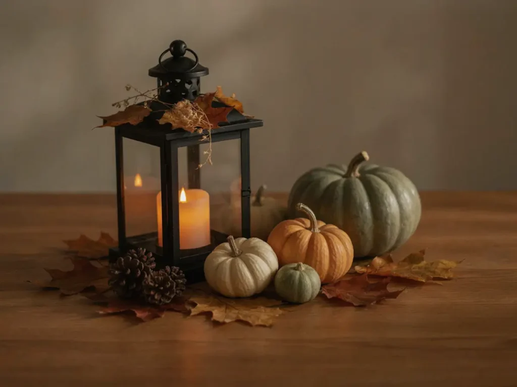 fall lantern decor ideas with mini pumpkins, dried leaves, pinecones, and warm light.