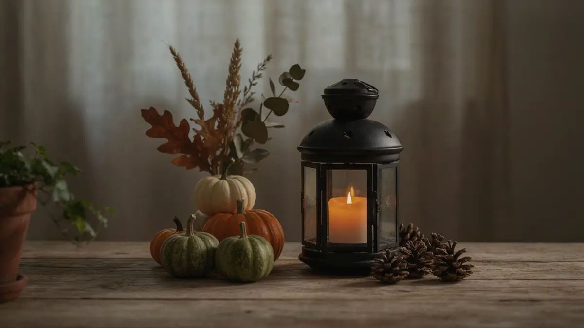 fall lantern decor ideas with a warm glowing lantern, pumpkins, and autumn foliage.