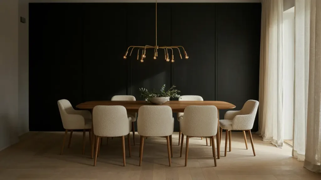 Black accent wall dining room featuring a natural white oak dining table and warm brass pendant light.