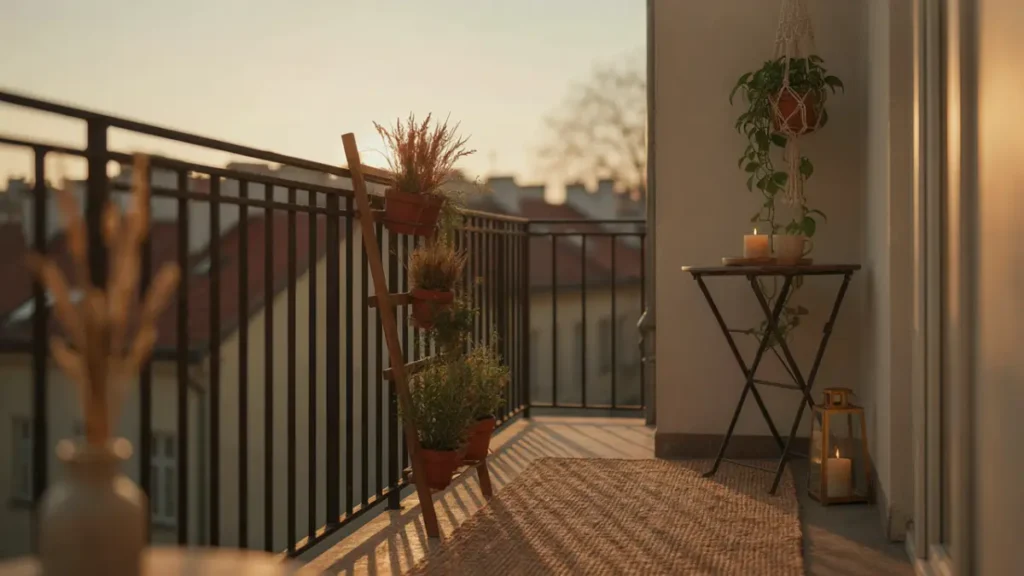 Space-saving small balcony autumn decor featuring a vertical wooden ladder plant stand, folding bistro table, and corner lantern.
