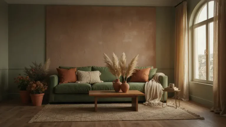 Terracotta and sage green living room featuring warm clay walls, sage velvet sofa, and earthy decor.