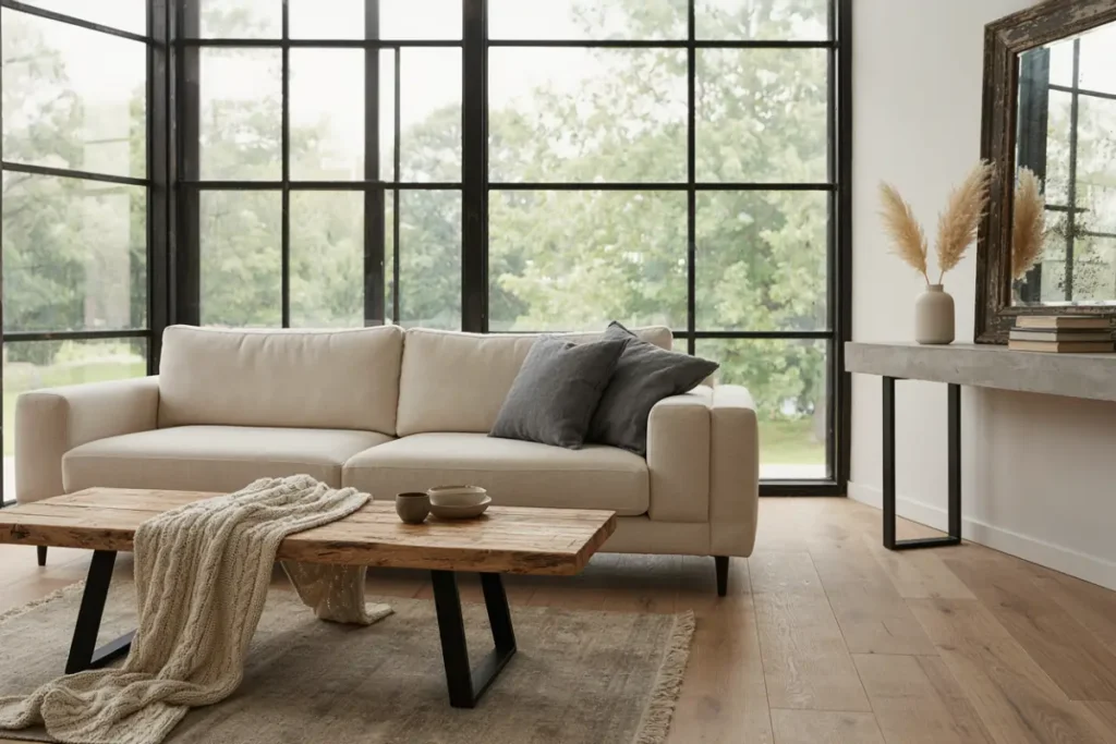 stunning modern farmhouse living room ideas blending a linen sofa with a raw reclaimed wood coffee table.