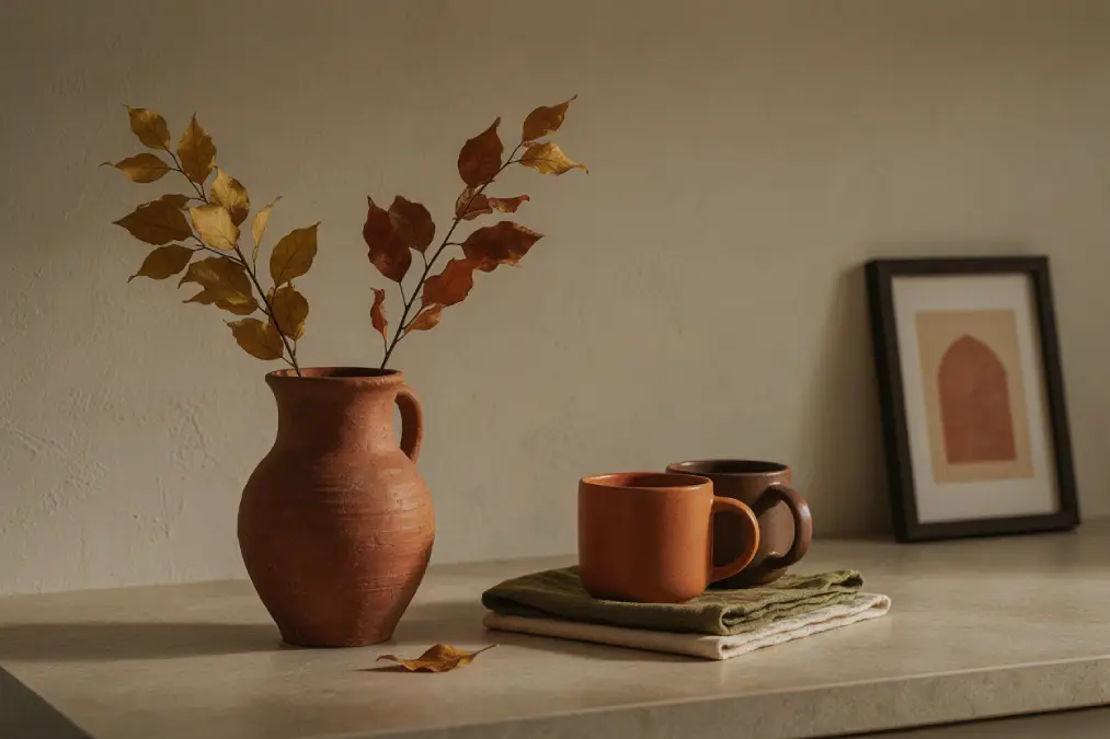 cozy fall kitchen decor featuring terracotta ceramic pitcher rust leaves and olive green linen towels.