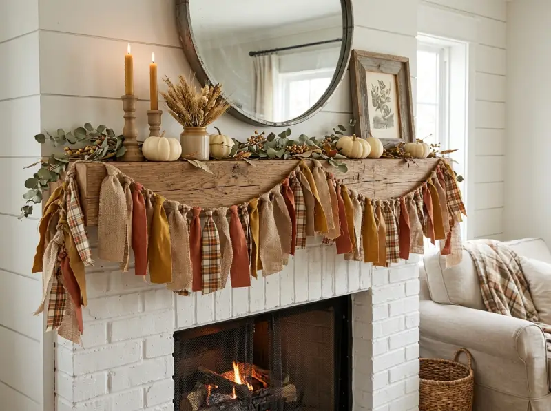 DIY burlap and autumn ribbon garland with rust and mustard ribbons on a farmhouse mantel.