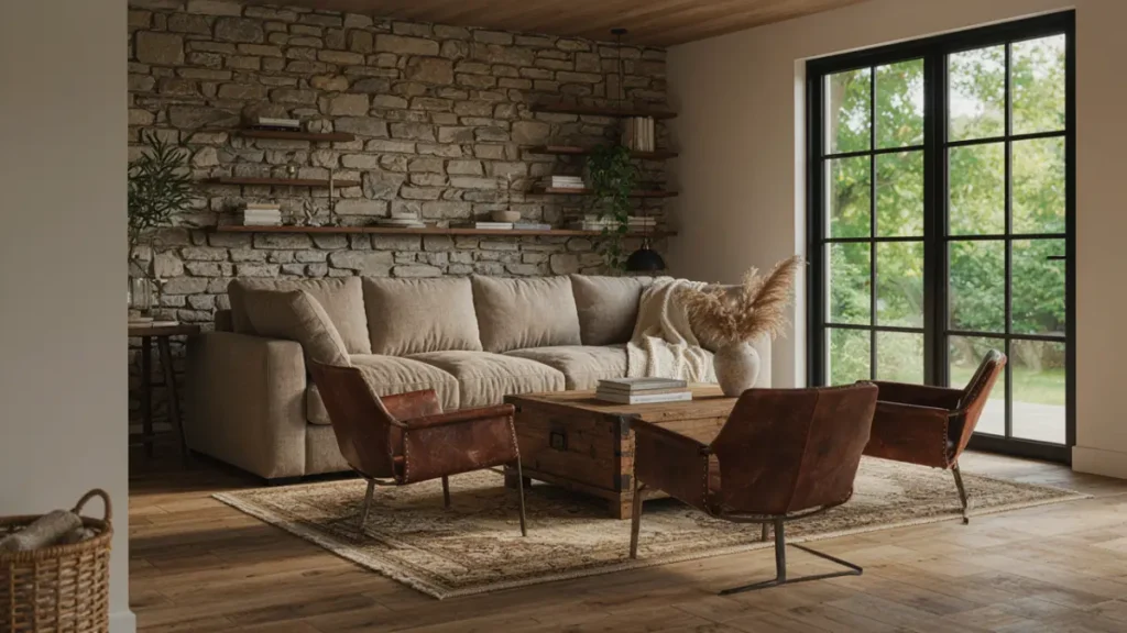 stunning modern farmhouse living room furniture collection featuring linen sofa, leather chairs, and reclaimed wood table.