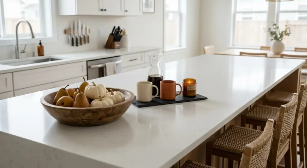 Cozy fall kitchen island decor with a wooden bowl, mini white pumpkins, and a coffee setup.
