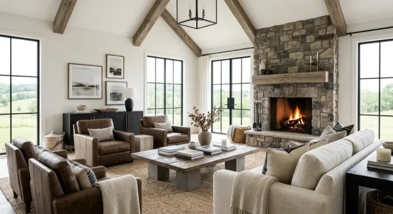 cozy modern farmhouse living room with neutral sectional sofa.