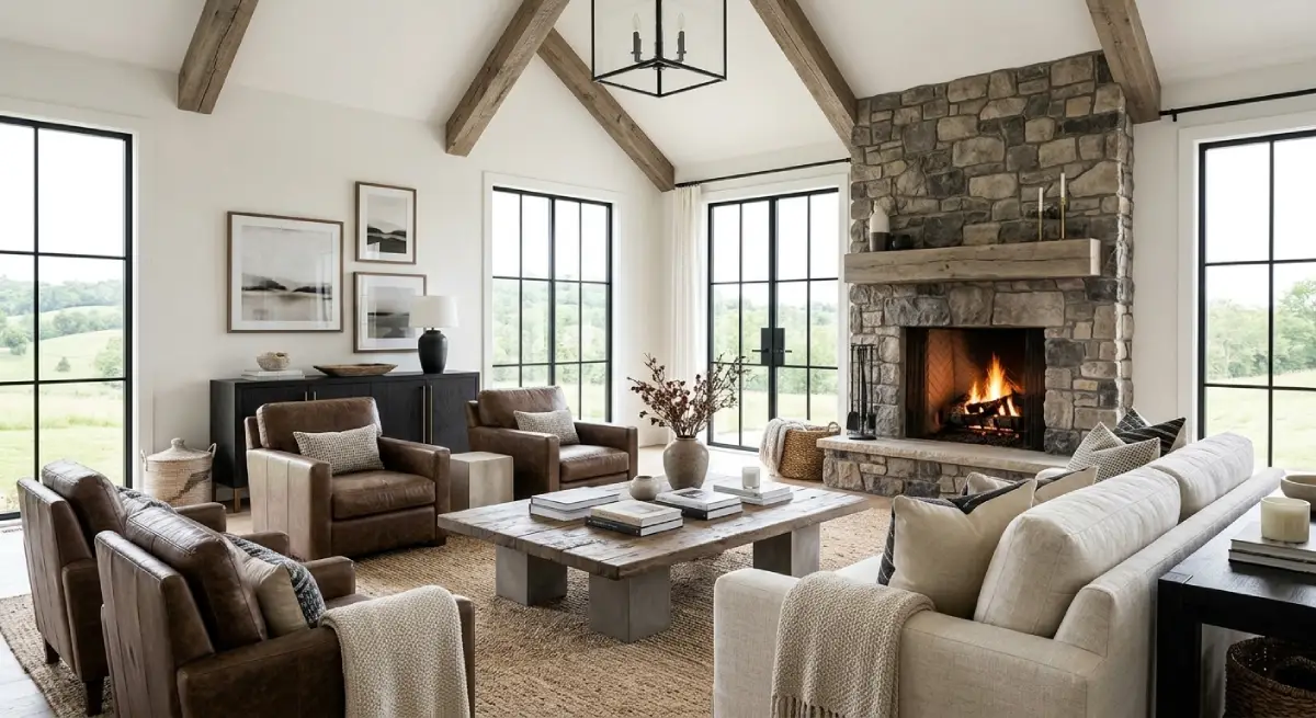 cozy modern farmhouse living room with neutral sectional sofa.