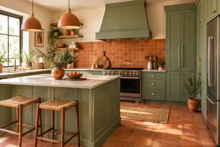 Terracotta & Sage Green Kitchen with sage green cabinets, terracotta tile backsplash, and warm natural wood accents.