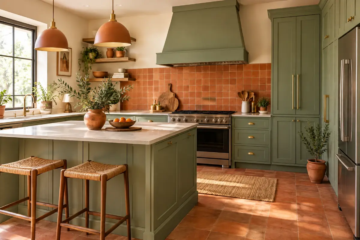 Terracotta & Sage Green Kitchen with sage green cabinets, terracotta tile backsplash, and warm natural wood accents.